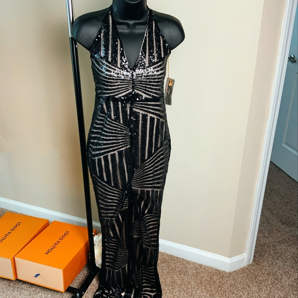 NWT black sequin illusion gown